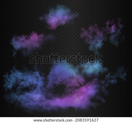 Blue and pink gradient futuristic colorful smoke clouds. Vector realistic magic color vibrant fog isolated on the semi transparent dark background.