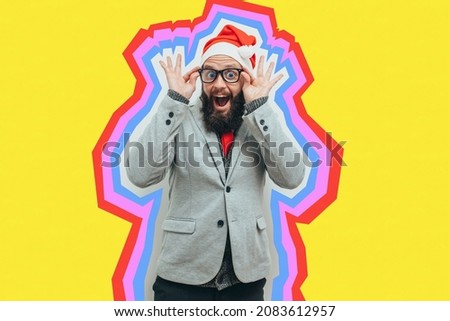 A handsome charismatic guy with a beard, glasses and Santa Claus hat experiences pleasant emotions. Collage in magazine style with happy emotions. Discount, sale, season sales. Colorful winter concept