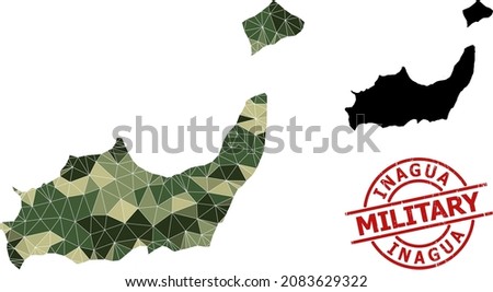 Low-Poly mosaic map of Inagua Islands, and unclean military stamp seal. Low-poly map of Inagua Islands designed of random khaki colored triangles.