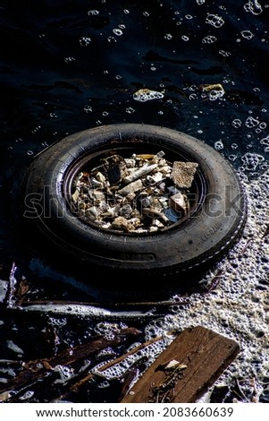 Tire filled with trash in the water