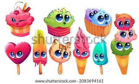 Set of cute ice cream kawaii characters, funny summer food emoticons, popsicle, sundae, gelato, fruit ice, waffle cone, kitten, cherry and heart sweet smiling delicacy for kids, Vector illustration