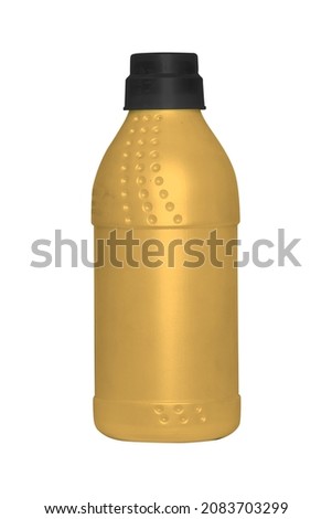 Golden pesticide bottle with black cap on white background