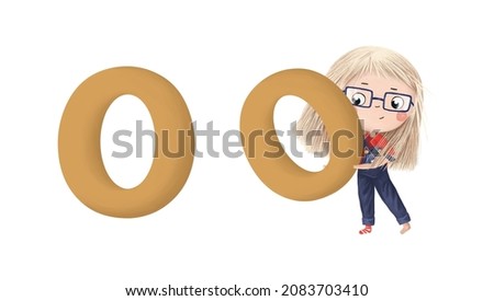 Cute little girl with letter "O" on white background. Learn alphabet clip art collection on white background