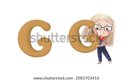 Cute little girl with letter "G" on white background. Learn alphabet clip art collection on white background