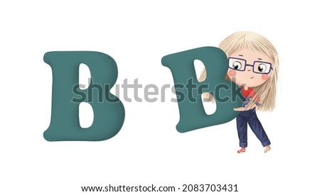 Cute little girl with letter "B" on white background. Learn alphabet clip art collection on white background