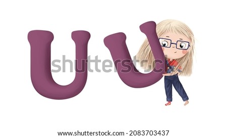 Cute little girl with letter "U" on white background. Learn alphabet clip art collection on white background