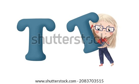 Cute little girl with letter "T" on white background. Learn alphabet clip art collection on white background