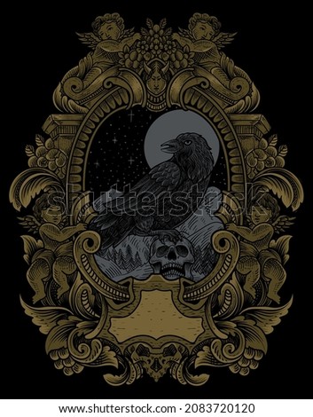 illustration vintage scary crow with engraving style