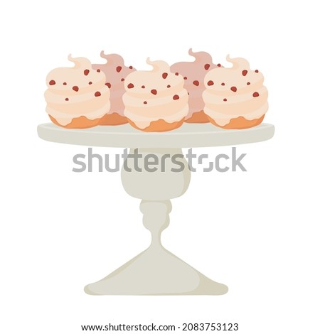 Cakes with whipped cream on a serving platter. Party, Birthday, celebration, Wedding, Christmas, Valentine's Day. Vector isolated colorful element.