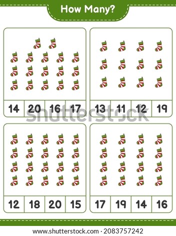 Counting game, how many Christmas Sock. Educational children game, printable worksheet, vector illustration