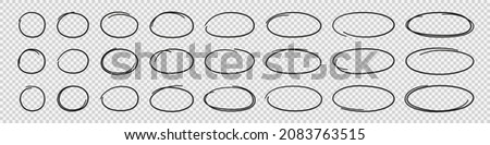 Hand drawn ovals and circles set. Ovals of different widths. Highlight circle frames. Ellipses in doodle style. Set of vector illustration isolated on transparent background. Royalty-Free Stock Photo #2083763515