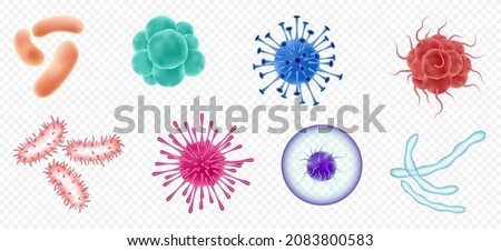Viruses, germs and bacteria, microorganism types. Illness or disease microscopic cells and infection, microbes and antibodies. Dangerous pathogen, microbiology. Realistic 3d vector illustration Royalty-Free Stock Photo #2083800583
