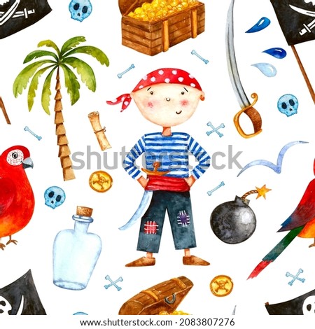Watercolor iseamless pattern of cartoon cute pirate boy in red headband, white and blue striped clothes with sword isolated on white background.