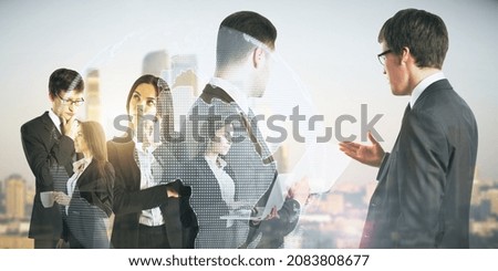 Attractive caucasian businesspeople working together on abstract city background with digital globe. Teamwork, network and globalization concept. Double exposure