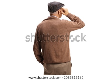 Rear view shot of a pensive elderly man standing and thinking isolated on white background Royalty-Free Stock Photo #2083813162