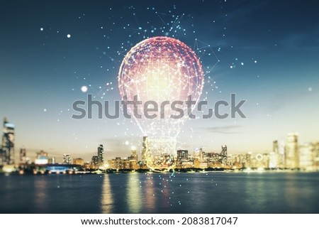 Double exposure of creative light bulb hologram on Chicago city skyscrapers background, research and development concept