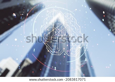 Virtual creative artificial Intelligence hologram with human brain sketch on modern architecture background. Double exposure