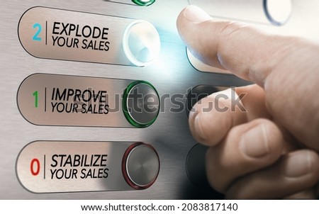 Man pushing an elevator buttons where it is written stabilize, improve or explode your sales. Salesforce motivational concept. Composite image between a hand photography and a 3D background.
