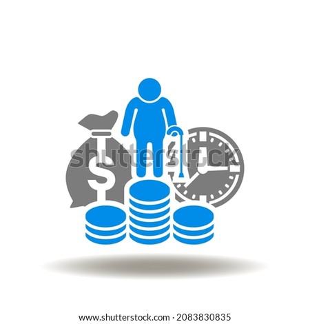 Vector illustration of coins pile with elderly pensioner and money bag with clock. Icon of pension plan. Symbol of retirement planning.
