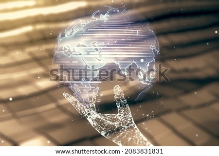 Multi exposure of abstract creative digital world map hologram on blurry abstract metal background, tourism and traveling concept