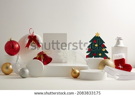 White podium with white background and christmas ornament decoration , front view , for product advertising , holiday content