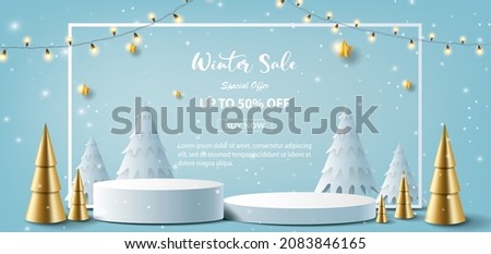 Winter sale product banner, podium platform with geometric shapes and snowflake, paper illustration, and 3d paper. Royalty-Free Stock Photo #2083846165