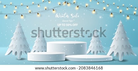 Winter sale product banner, podium platform with geometric shapes and snowflake, paper illustration, and 3d paper. Royalty-Free Stock Photo #2083846168