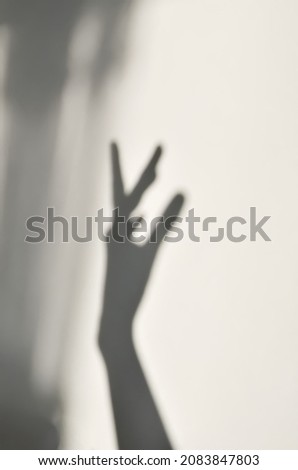The soft shadow of a hand on a white wall. Photo without sharpness, blurred contours of the hand. Gentle art.