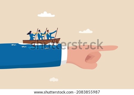 Team direction, business decision or leadership, guidance or strategy to achieve success, determination and inspiration concept, business people team members sailing ship on boss pointing direction. Royalty-Free Stock Photo #2083855987