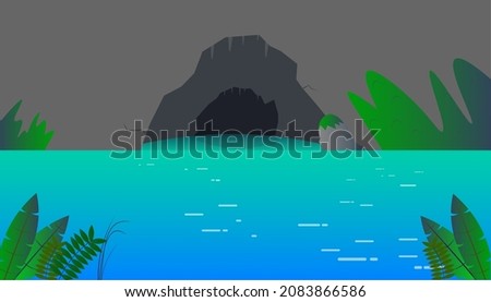 Cave entrance on the side of a mountain on water, undiscovered treasures in a cave