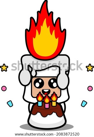 cartoon vector illustration of cute fiery white candle mascot costume character with birthday cake