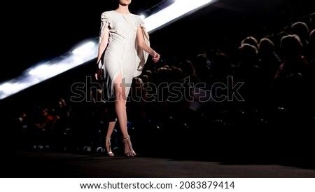 A fashion model at a catwalk during a fashion show or fashion week. Royalty-Free Stock Photo #2083879414