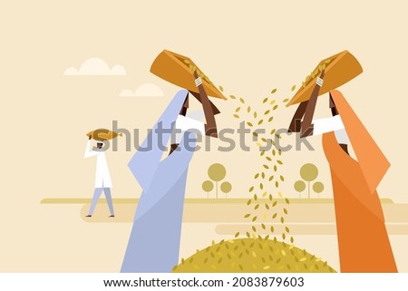 Working women in agricultural farms winnowing the grains after harvest Royalty-Free Stock Photo #2083879603