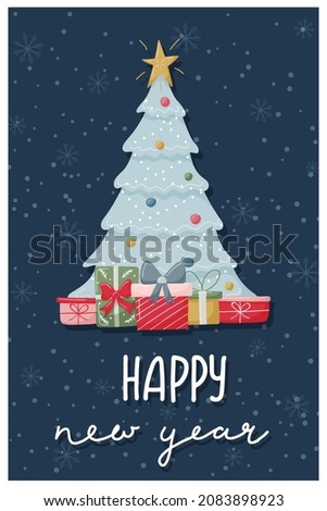 Christmas greeting card. Decorated Christmas tree with star and gifts on a dark background with snowflakes. Hand lettering - Happy New Year. Cute flat cartoon character. Color vector illustration.