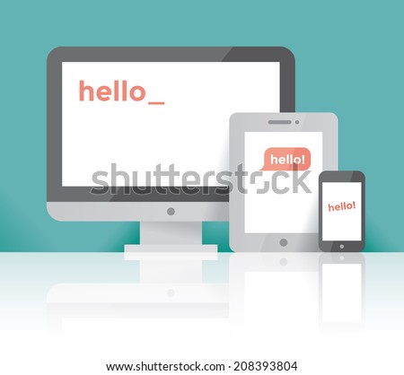 Desktop computer, internet tablet mobile phone with Hello! text screen. Concepts: social media networks (Facebook, Twitter, Whatsapp), online chat messages, cross platform devices programm development