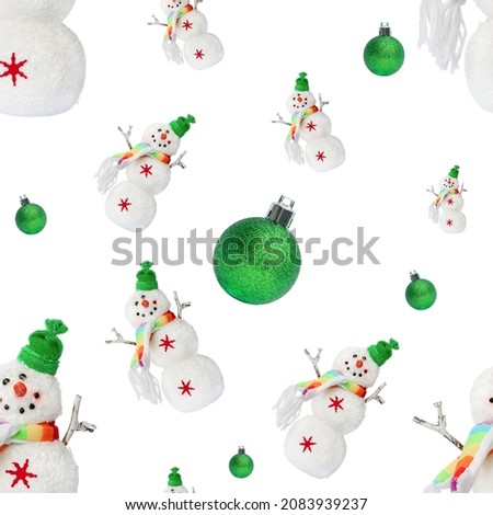 seamless pattern snowman and green Christmas ball on the white background