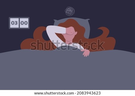 Insomnia make you feel exhausted, restless and sleepy all day, trouble sleeping come from stress, worried, health problem, insomnia woman wake up at night causing depression, frustration and sadness. Royalty-Free Stock Photo #2083943623