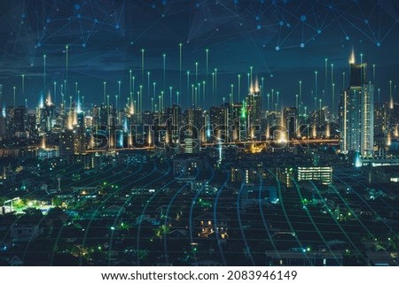 Smart city dot point connect with gradient line, connection technology metaverse concept. Bangkok, Thailand night city banner with big data.  Royalty-Free Stock Photo #2083946149
