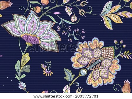 Seamless pattern with stylized ornamental flowers in retro, vintage style. Jacobin embroidery. Colored vector illustration on black background.