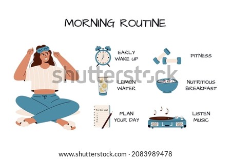 Cute caucasian girl with sleeping mask and elements for morning routine:water,weights, muesli, alarm clock,to do list.Happy young woman making morning stretch. Daily morning routine. White background. Royalty-Free Stock Photo #2083989478