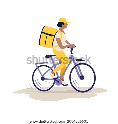 Service fast food delivery to your home and office. A man with a yellow backpack on a bicycle delivers food. Vector illustration.