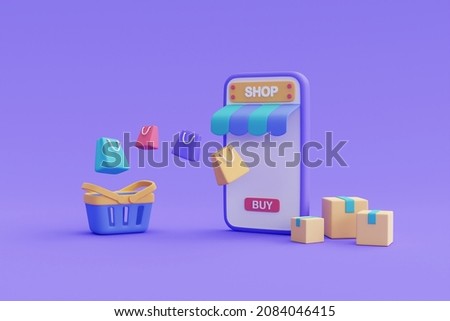 Online shopping concept on 3d smartphone with basket and shopping bag,digital marketing promotion,online payment.3d render illustration.