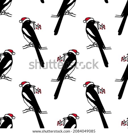 Vector seamless pattern with hand drawn cute Magpie in Santa hat sitting on a tree branch with red berry twig. Ink drawing, graphic style. Beautiful and New Year design elements