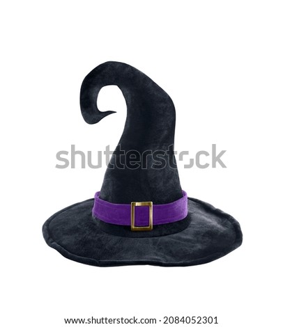 Black halloween witch hat isolated on white background with clipping path Royalty-Free Stock Photo #2084052301