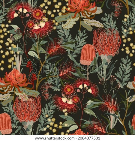Australian flowers seamless vector pattern. Surface design for fabric, wallpaper, wrapping paper, scrapbooking, invitation card. Black, red, green, vibrant colors. Royalty-Free Stock Photo #2084077501