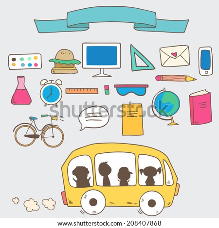 Back to school info graphics icons with ribbon for text and school bus. Vector cute collection clip art, each element on separate layer