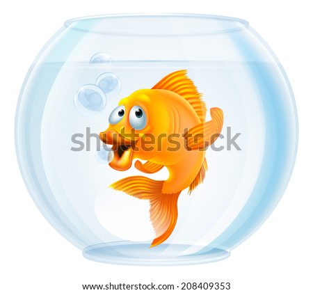 An illustration of a cute cartoon goldfish in a gold fish bowl