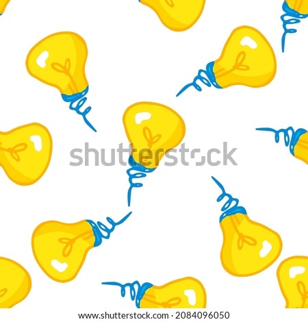 A pattern of a yellow light bulb. A hand-drawn isolated cartoon-style element made of a bright yellow round-shaped light bulb with a blue spiral base and wire is often placed on white for a design 