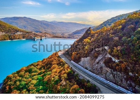 Scenic View of Zhinvali Reservoir, Ananuri Lake with turquoise water in Georgia country