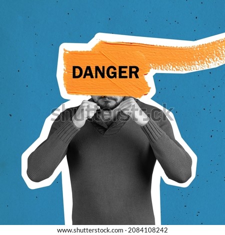 Text eye element. Contemporary art collage of man raising fists isolated over blue background. Danger situation. Concept of social issues, mentality, psychology, support. Copy space for ad